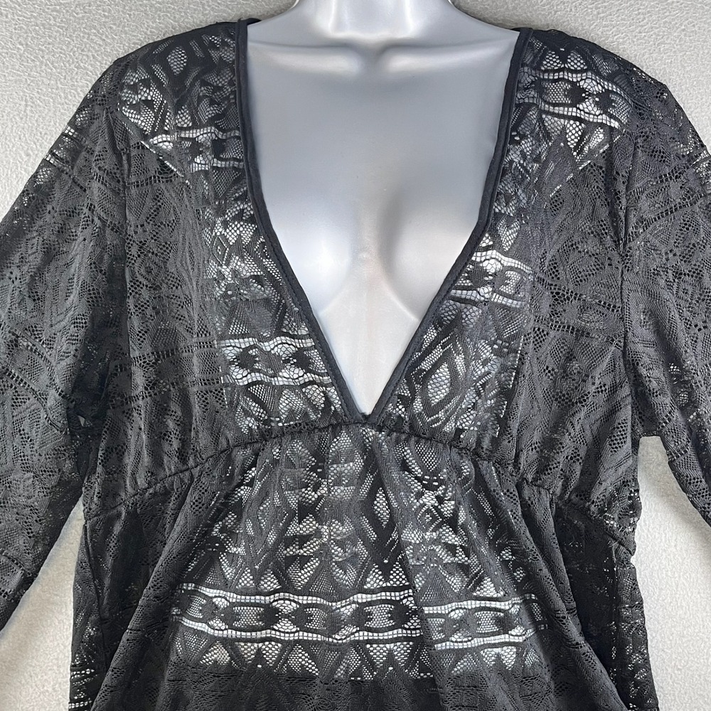 Aruba Blue Black Lace Swim Cover Up One Size Plus Boho Beach Tunic Sheer